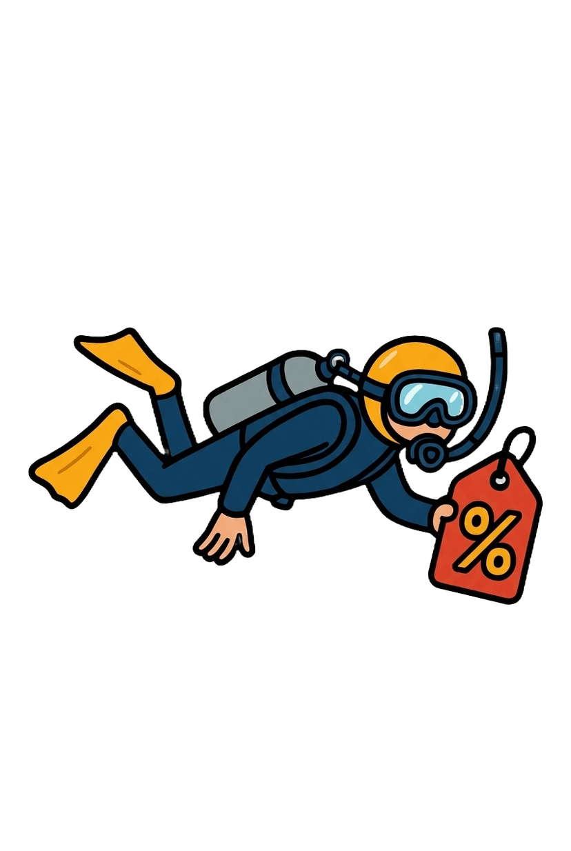 Deal Diver mascot — a scuba diver holding a % price tag